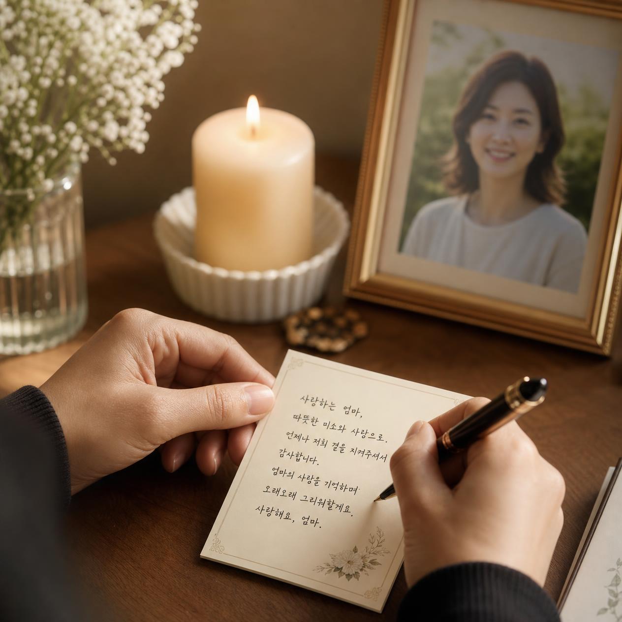 촛불과 작은 꽃, 사진 곁에서 가족에게 전할 추억 카드를 쓰는 모습
