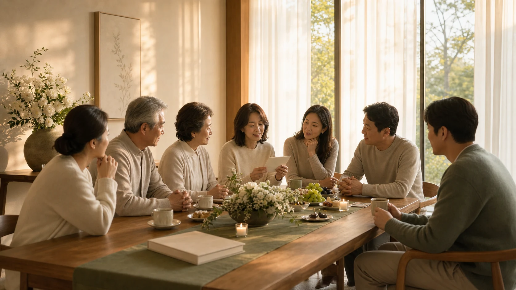 따뜻한 햇살이 드는 공간에서 가족과 지인 일곱 명이 작은 다과와 함께 추억 카드를 나누는 추모 모임